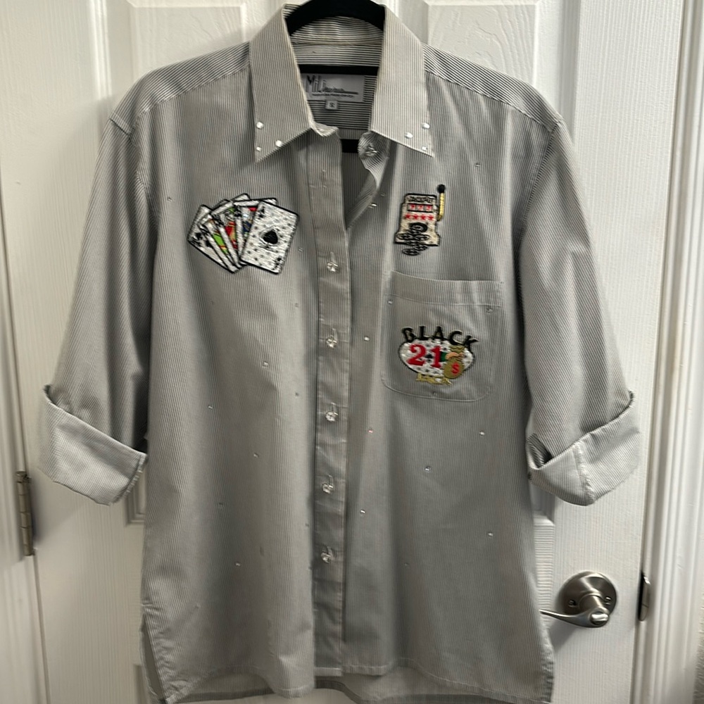 Women's Casino Get Lucky Button Down Shirt- Rhinestones and Cards- Winner- Trip